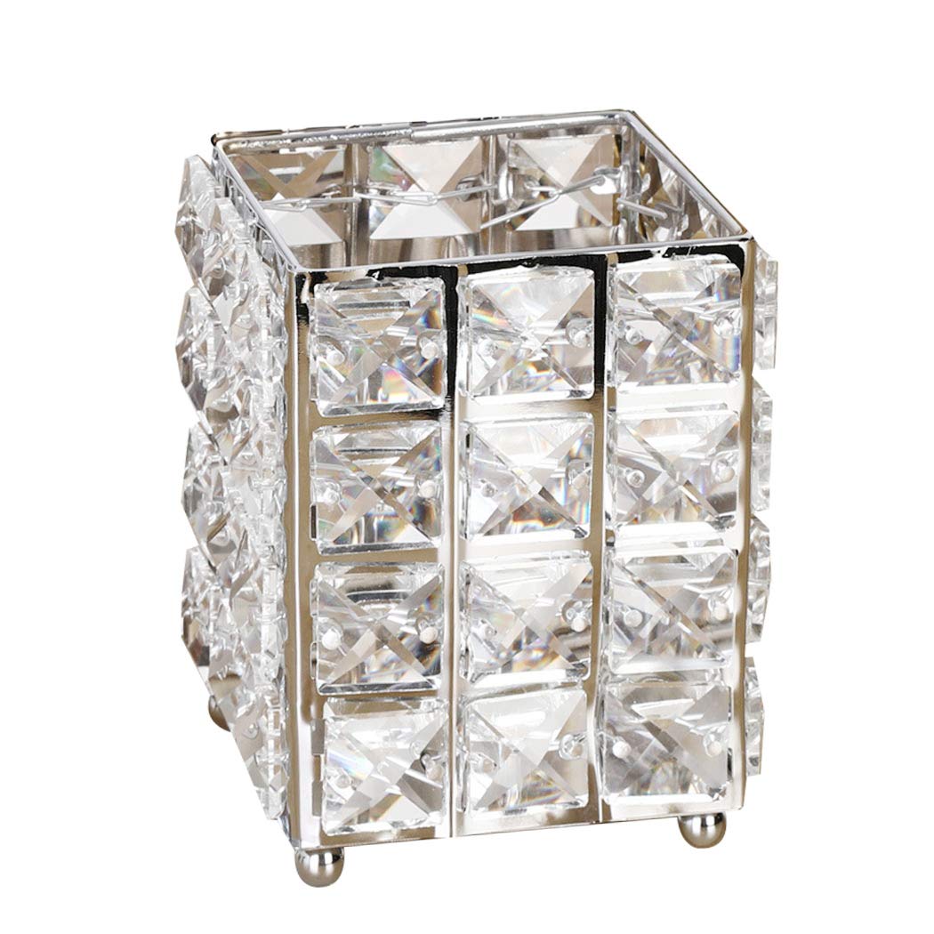 SIPLIV Makeup Brush Holders Pen Holder Handcrafted Crystal Eyebrow Pencil Pen Collection Cosmetic Storage for Vanity Bathroom Office Desk Organizer - Square, Silver