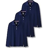 3 Pack Youth Girls' Performance Polo Shirts, Long Sleeve Pique Collared Kids School Uniform Tops