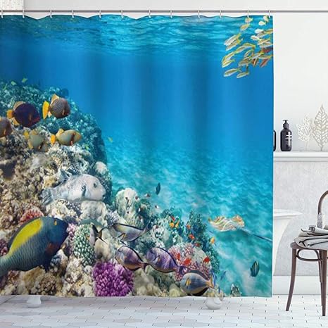 Amazon Kapanou 防水 シャワーカーテン 海の澄んだ水中動物サンゴ熱帯魚アカエイエジプト海 かわいいシャワーカーテン ユニットバス バスルーム 芸術の装飾 180cmx180cm バスフック付き 取り付け簡単 シャワーカーテン ホーム キッチン オンライン通販