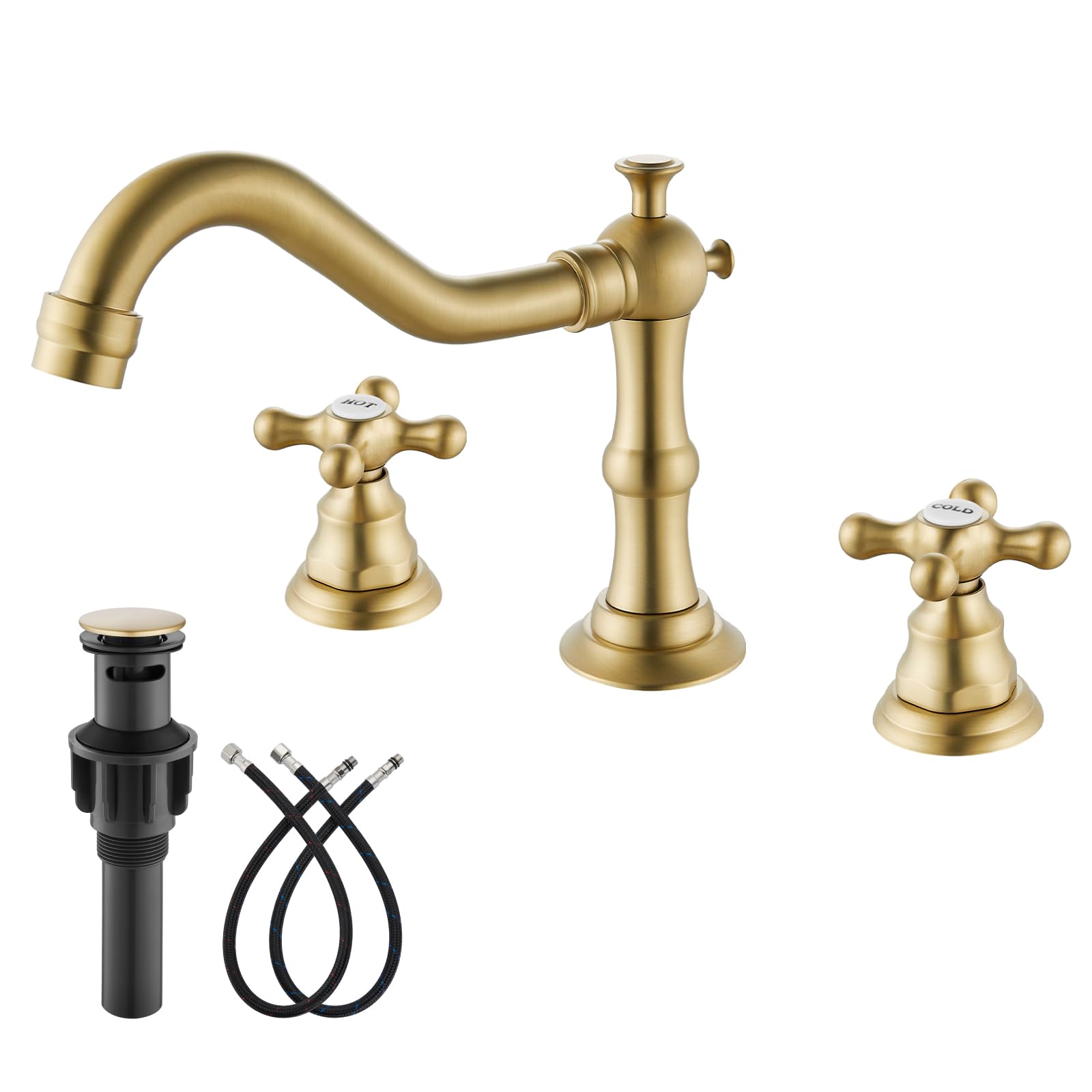 Photo 1 of gotonovo Bathroom Faucet 3 Hole 8 Inch Widespread Bathroom Sink Faucet 2 Cross Handles Vintage Lavatory Vanity Mixer Tap with Pop Up Drain, HOT Cold Label, Brushed Gold