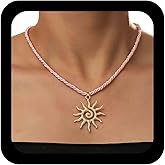 IRCOMULTI Bohemian Vintage Sun Pendant Necklace Pink Rope Choker Necklace Sun Rope Chain Necklaces Gold Metal Sunburst Necklaces Jewelry for Women