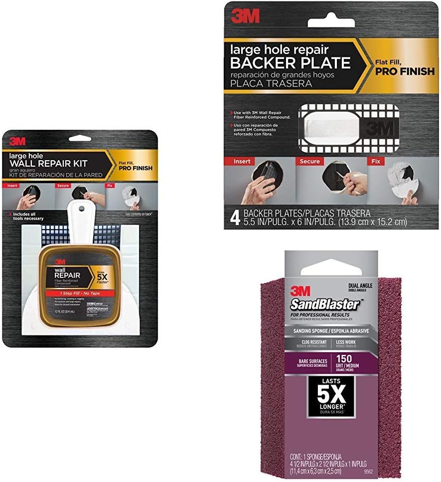 3M High Strength Large Hole Repair Kit, 12 fl. oz., 4-Pack Repair Plates, and SandBlaster Dual Angle Sanding Sponge, 150-Grit