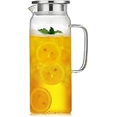 53OZ Glass Pitcher with Lid and Spout, Water Jug, 1580ml Carafe for Hot/Cold Water, Large Iced Tea Pitcher for Coffee, Juice and Homemade Beverage
