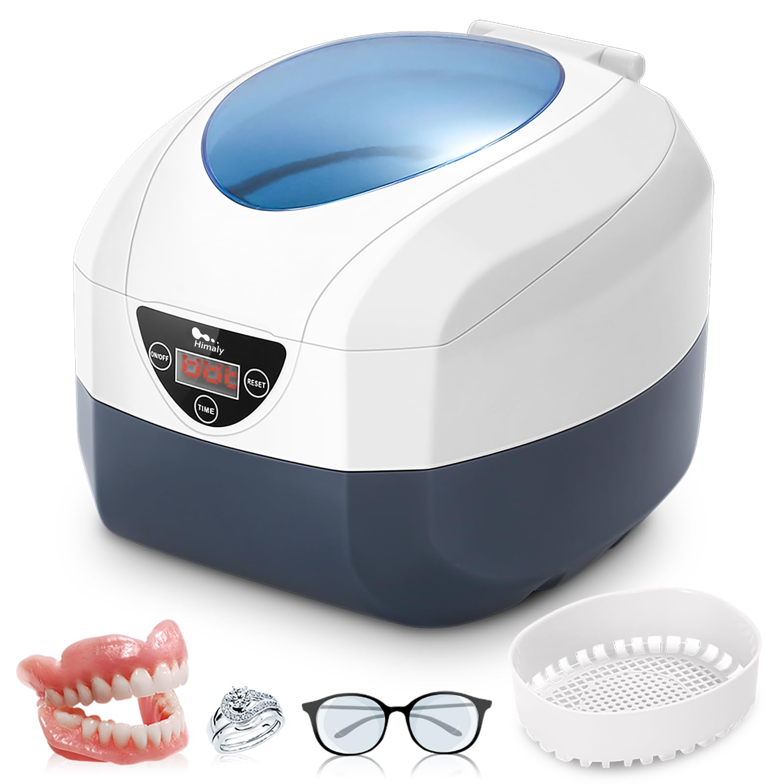 Ultrasonic Cleaner 750ml Jewellery Cleaner Machine Glasses Sonic Cleaner with Cleaning Basket Disk Shelf Clean Jewellery Powder Puff Watches Glasses Dentures Ring Coin
