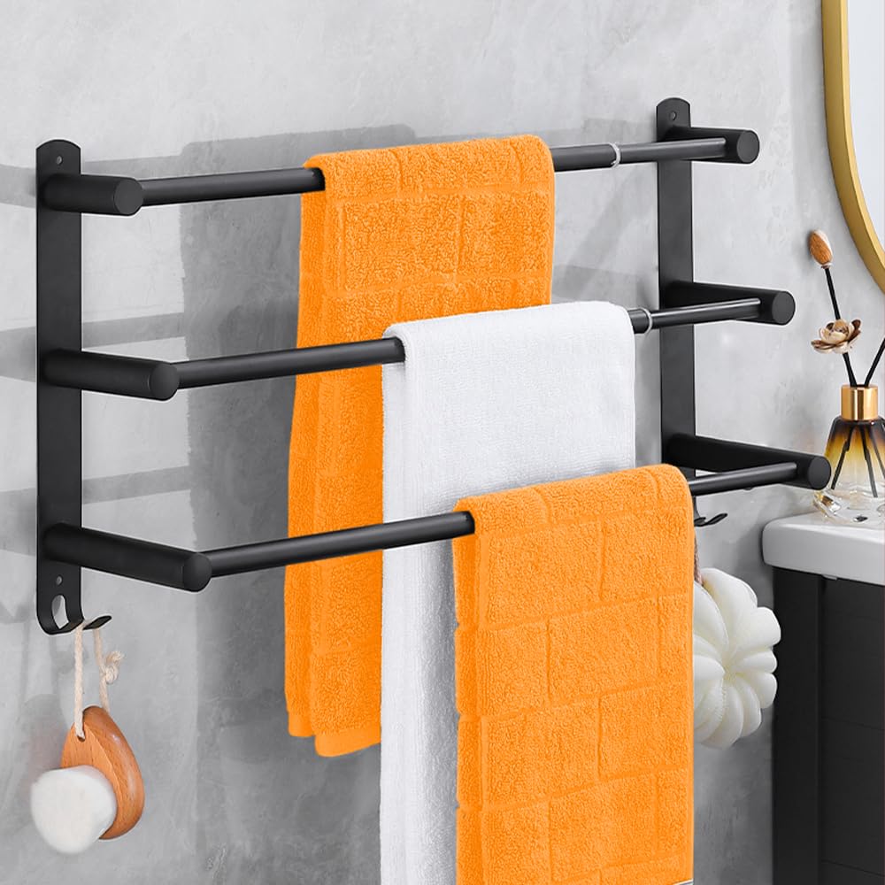 HONPHIER Adjustable Towel Rails 43-78CM Bath Towel Racks Stainless Steel Towel Shelves with Hooks Wall Mounted Towel Holders Towel Bar for Kitchen Bathroom (Black 3-Tier)