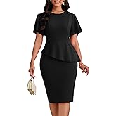 FANDEE Women's Wear to Work Midi Dress Business Church Ruffle Flared Short Sleeve Cocktail Crew Neck Pencil Dress