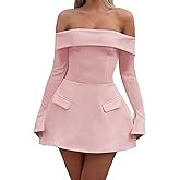 ABYOVRT Women Sexy Mini Dress Off Shoulder Long Sleeve A Line Dress Short Formal Dresses Party Clubwear