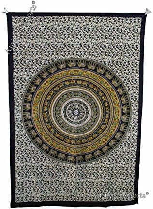 Amitus Exports(TM) Premium Quality 1 X Elephant Dome Mandal Tapestry 80"X53"(Approx.) Inches Yellow Green Multi Color Twin Size Cotton Fabric Tapestry Hippy Indian Mandala Throws (Handmade In India)