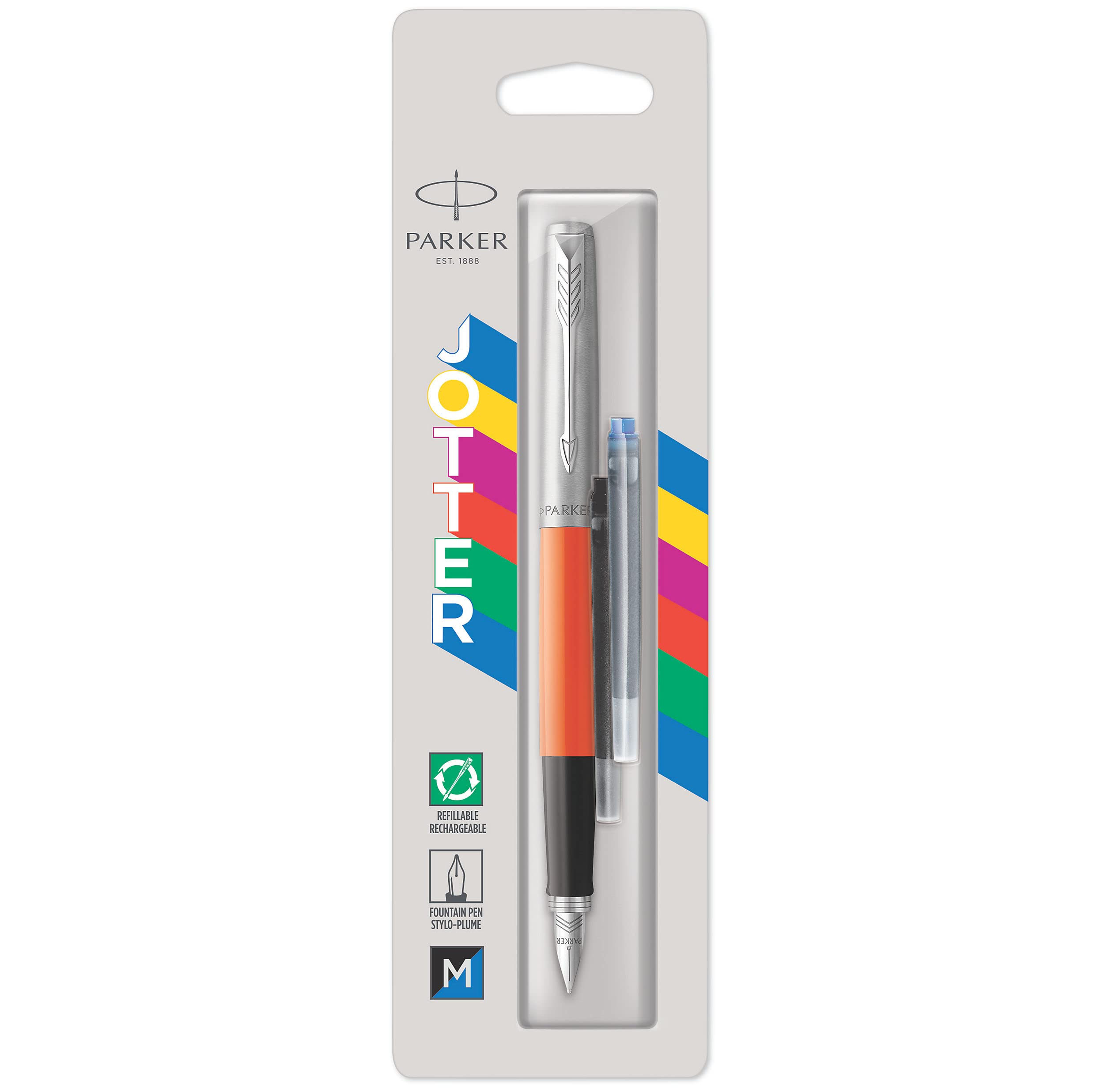 Parker Jotter Originals Fountain Pen | Classic Orange Finish | Medium Nib | Blue & Black Ink