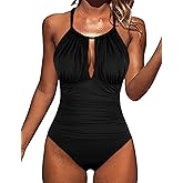 Hilor Women's Slimming One Piece Swimsuits Halter High Neck Tummy Control Bathing Suit Sexy Ruched Monokini Swimwear