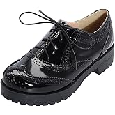 JOEUSTY Women's Two Tone Flat Oxfords Shoes Lace Up Wingtip Perforated Low Heel Vintage Saddle Oxford Brogues