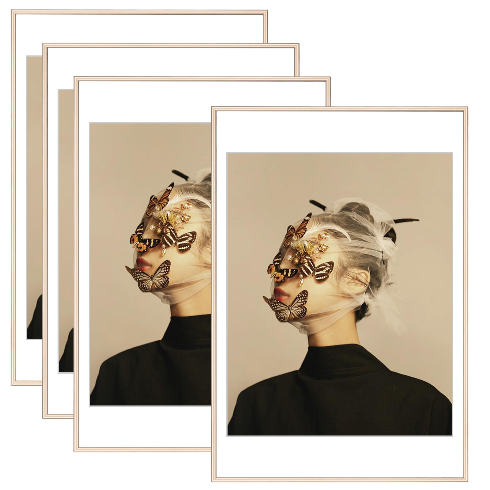 Fkvat 12x18 Picture Frame Set of 4, Matted Brass Modern Aluminum Metal Photo Frame, Fits 11x14 with Mat or 12 x 18 without Mat, Vertical and Horizontal Wall Mounting