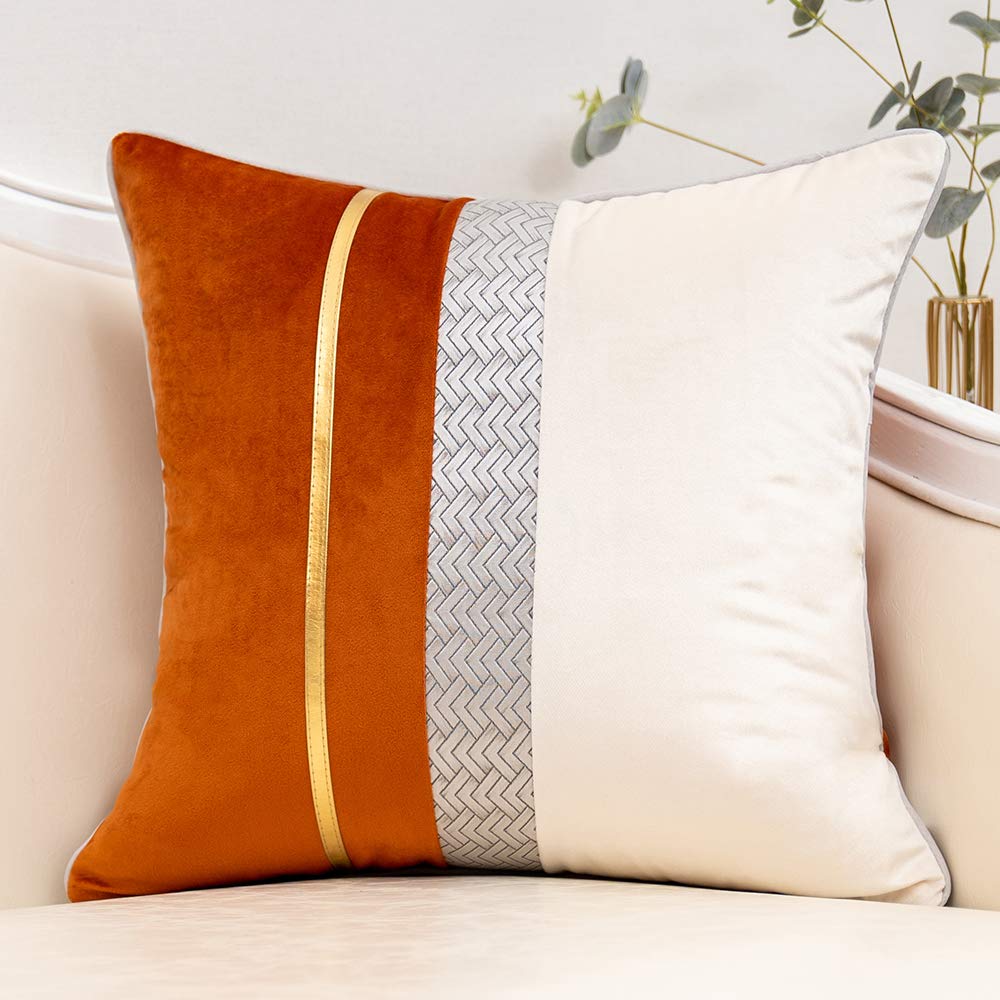 Photo 1 of Yangest Burnt Orange Patchwork Velvet Throw Pillow Cover with Gold Striped Leather Cushion Case Modern Luxury Pillowcase for Sofa Couch Bedroom Living Room Home Decor,18"x18"