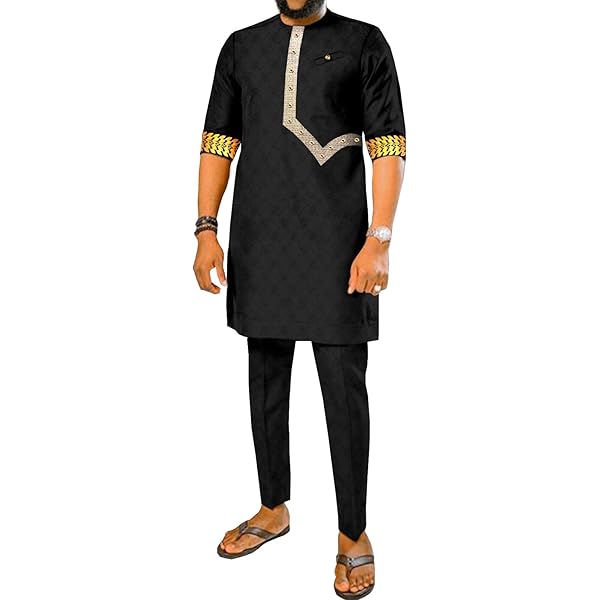 Bazin Riche African Clothes For Men Pieces Set Long Sleeve Shirt And