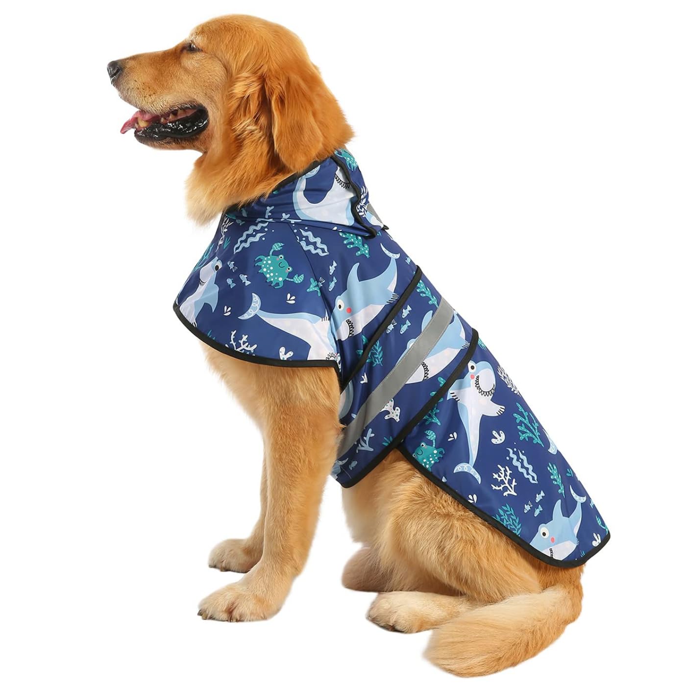 HDE Dog Raincoat Jacket Reflective Adjustable Hooded Pet Poncho Rain Coat with Leash Hole for Small to X-Large Dogs Sharks - L