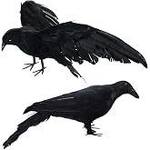 Black Fake Crows Halloween Decorations, 2 Pcs Large Realistic Feather Crows | Fake Crow Decor for Halloween Decor Birds, Plastic Stuffed Crow Prop Decoration Outdoor Indoor Tree Fence, 11 Inch