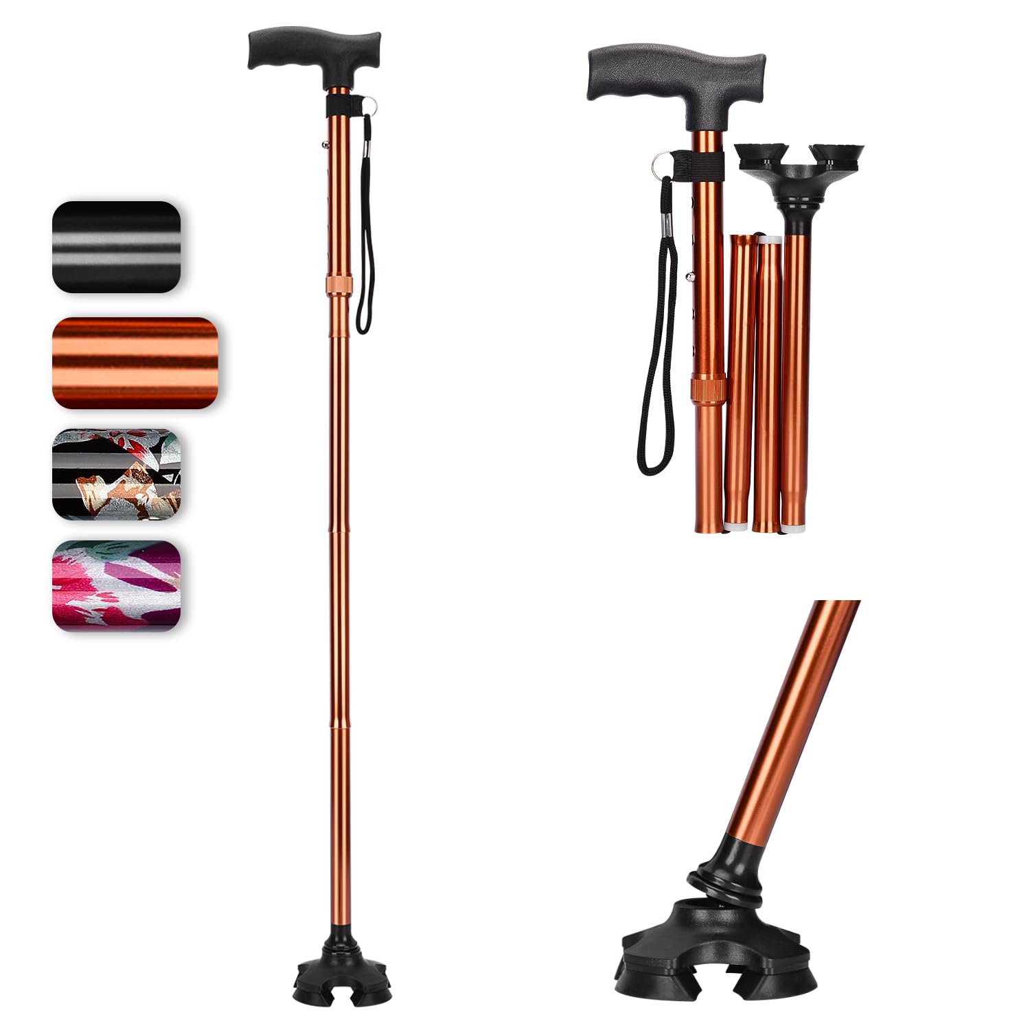 supregear Walking Cane for Men and Women - Foldable, Adjustable, Collapsible, Free Standing Cane with Pivot Tip, Heavy Duty Walking Sticks, Sleek Folding Sticks for Seniors and Adults, Brown