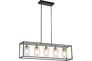 FILIMITIY 5-Light Kitchen Island Lighting, Farmhouse Pendant Island Light Fixture with Glass Shades, Black&Gold Chandelier for Dining Room, Restaurant, Foyer