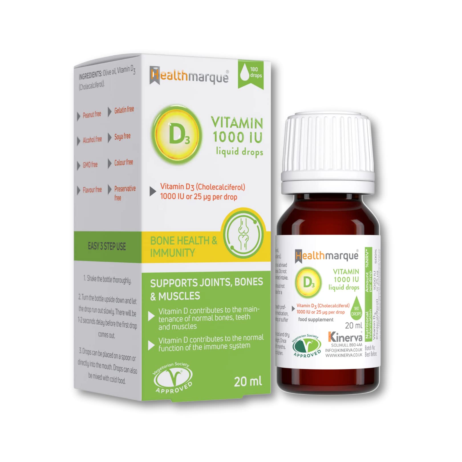 Vitamin D3 Liquid Drops 1000 IU - Pure Vitamin D Liquid in Olive Oil for Children and Adults by Healthmarque (500 doses)