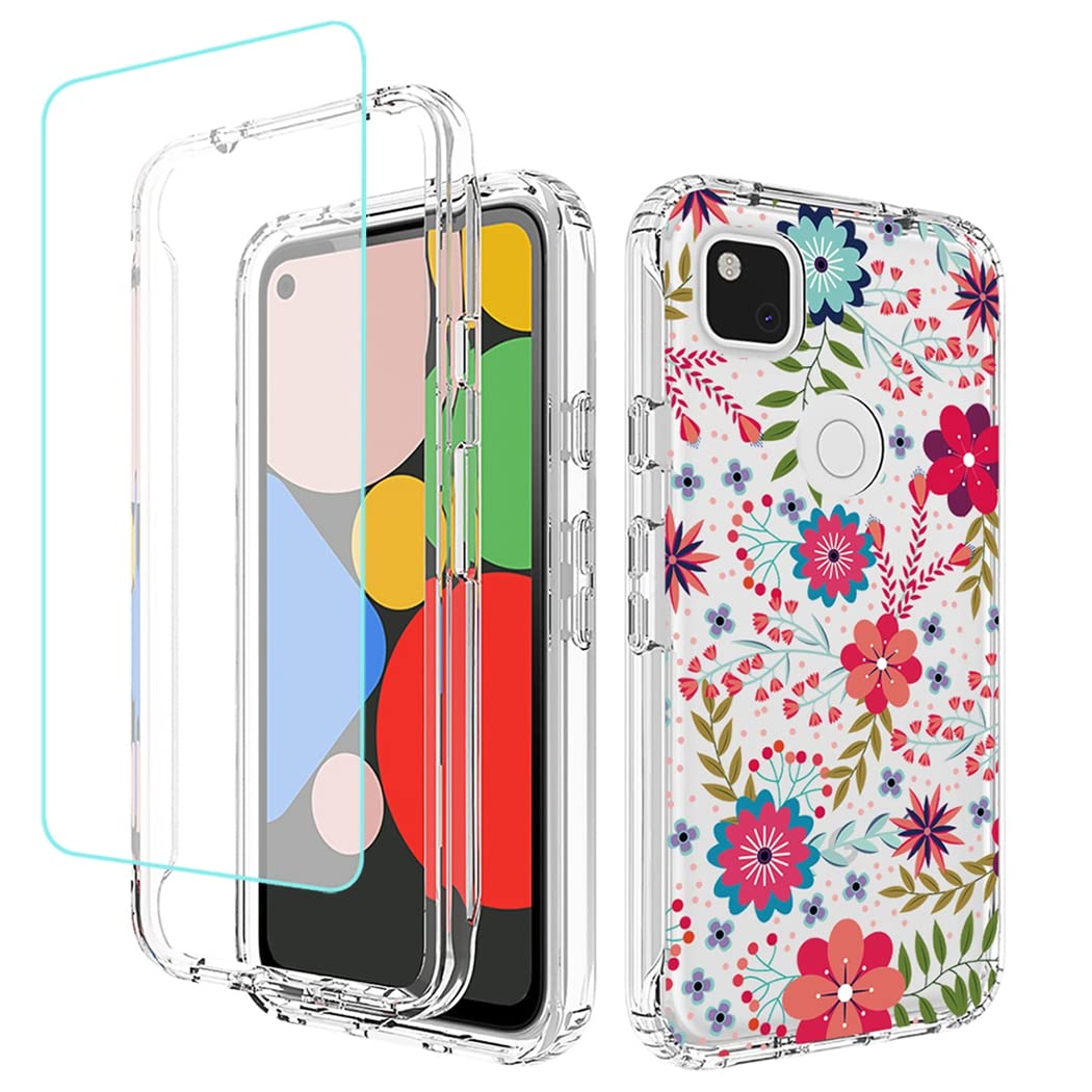 Jhxtech for Google Pixel 4A (Not Fit 4A 5G) G025J GA02099 Case with Tempered-Glass Screen Protector, Cute Clear Floral Pattern Full Body Protective Cover Cases for Google Pixel 4A 4G (Floral Prints)