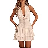 Floerns Women's Deep V Neck Ruched A Line Halter Mini Dresses Tie Front Asymmetrical Layered Club Party Dresses