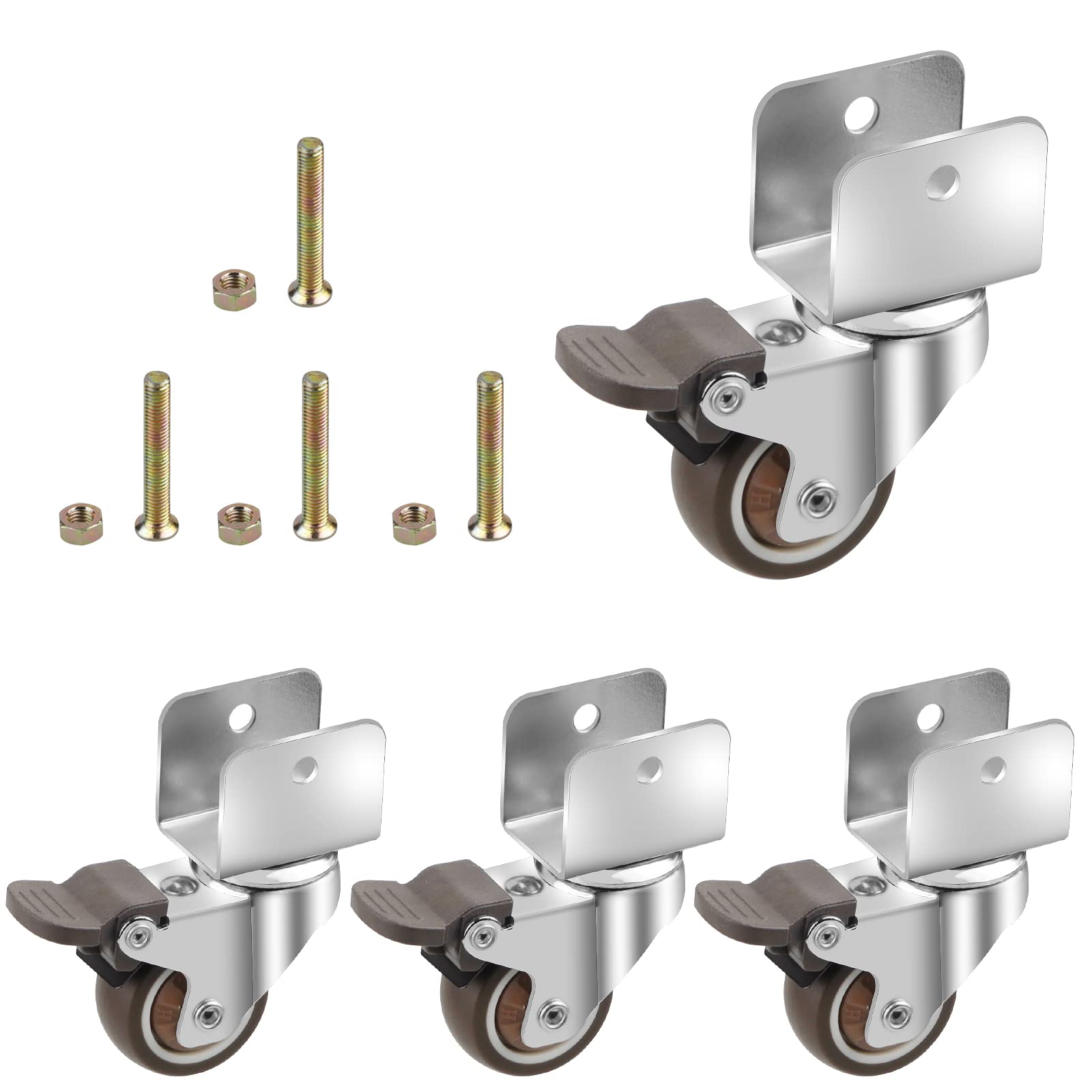 CPROSP 4 Castors for Furniture, U-Type Bracket, Furniture Castors, Diameter 38 mm, U-Type Bracket, Furniture Castors, Swivel Castors with Brake, Rubber Wheels for Furniture, Panel Opening 25 mm