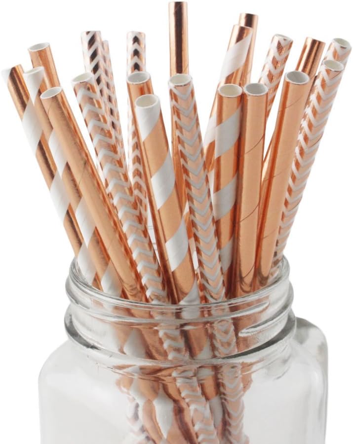 SSORA Disposable Biodegradable Paper Drinking Straws Foil Rose Gold Striped Chevron Solid Pack of 150