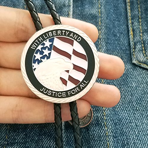 SELOVO Genuine Leather American Flag Eagle Bolo Tie Silver Tone Colored