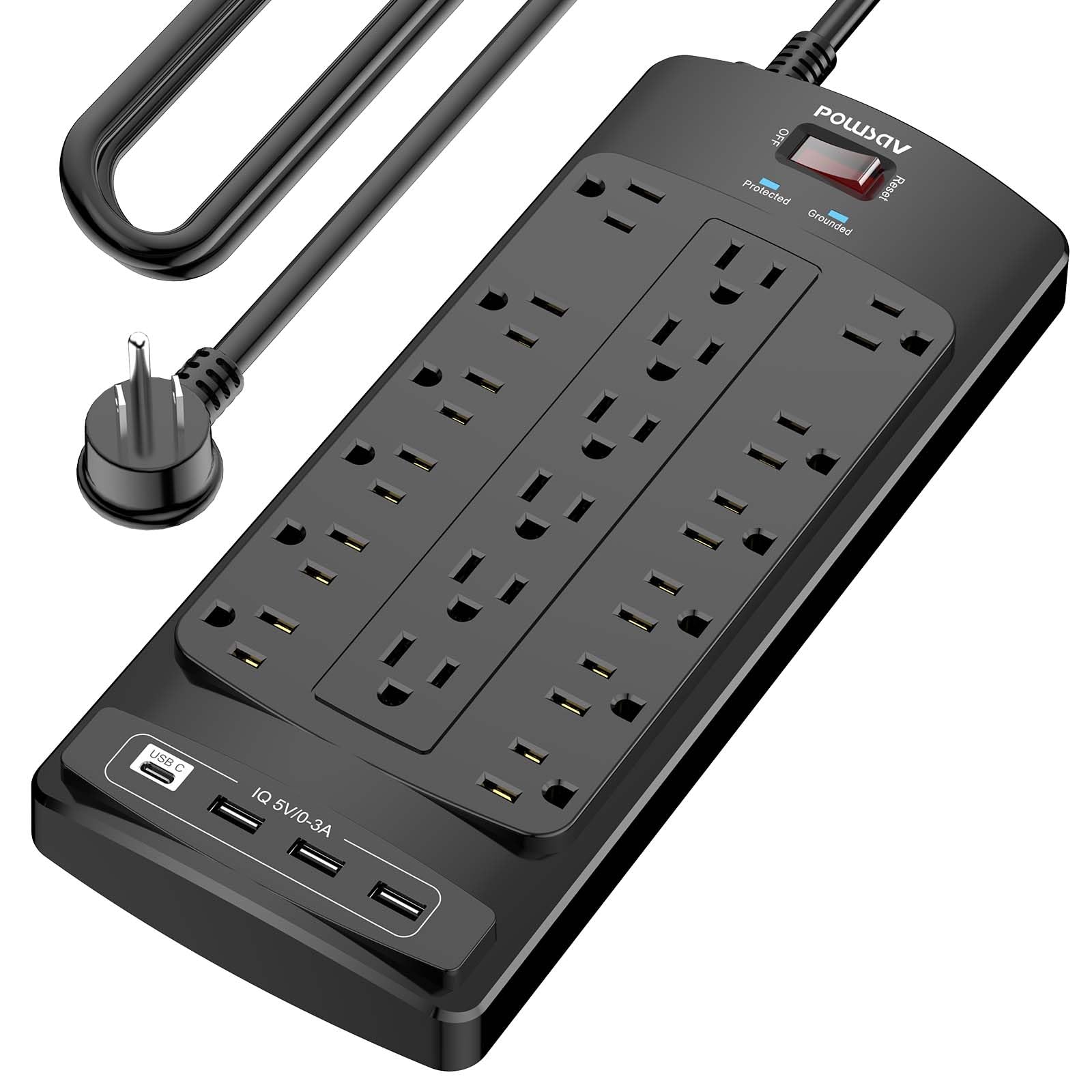 18 Outlets Surge Protector Power Strip - 15 Feet Flat Plug Heavy Duty Extension Cord with 18 Widely Outlets and 4 USB Ports, 2100 Joules, Black, ETL Listed Image