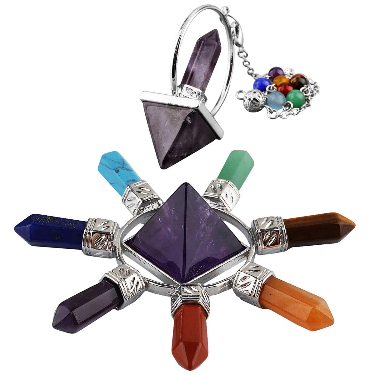 Nupuyai Amethyst 7 Chakra Pyramid and Pendulum Set, Healing Stone Kit, Energy Pyramid with Crystal Point for Protection Dowsing Chakra Healing and Meditation Yoga Balancing