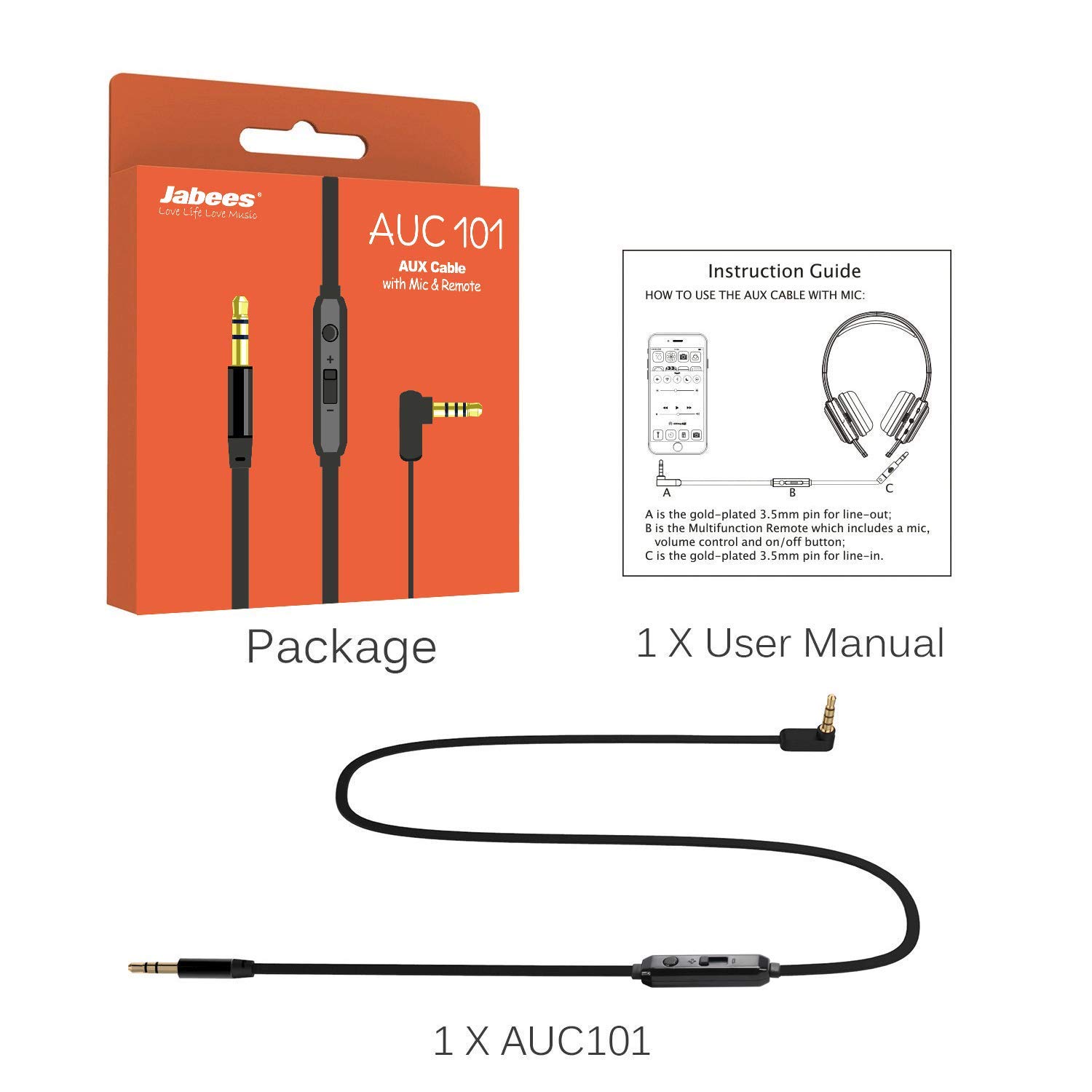 Jabees 3.5mm 3ft Aux Audio Cable with Mic and Volume Control │Connect Gaming Headphones/Headsets with Xbox/P4P │ Male to Male Replacement Cord for Music and Voice Streaming for Cellphone │ Black