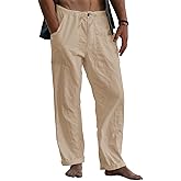 Lasjixion Mens Linen Pants Loose Fit Elastic Waist Drawstring Casual Summer Beach Pants with Pockets Trousers for Men