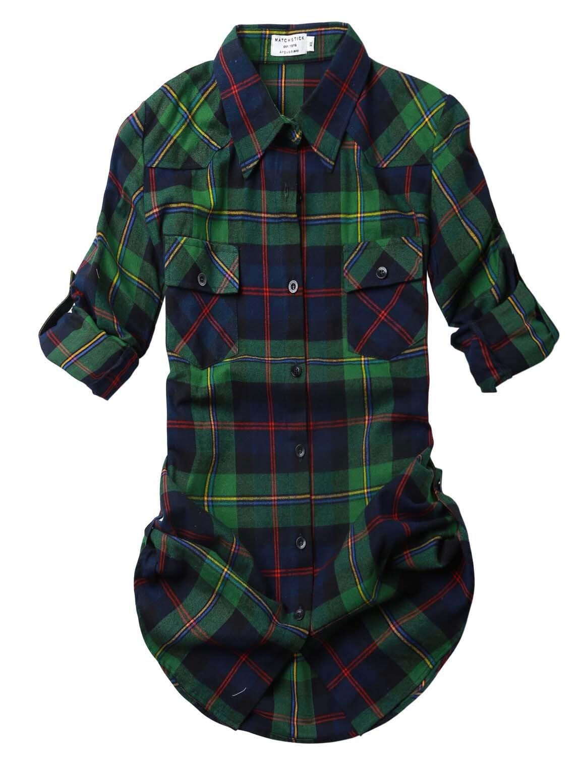 Match Womens Button Down Flannel Plaid Shirts roll