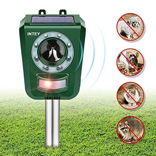 INTEY Solar Ultrasonic Animal and Pest Repeller, Upgrated Sound Animal Deterrent, Cat, Dog, Rabbit, Squirrels Repellent Waterproof Outdoor Animal Repellent