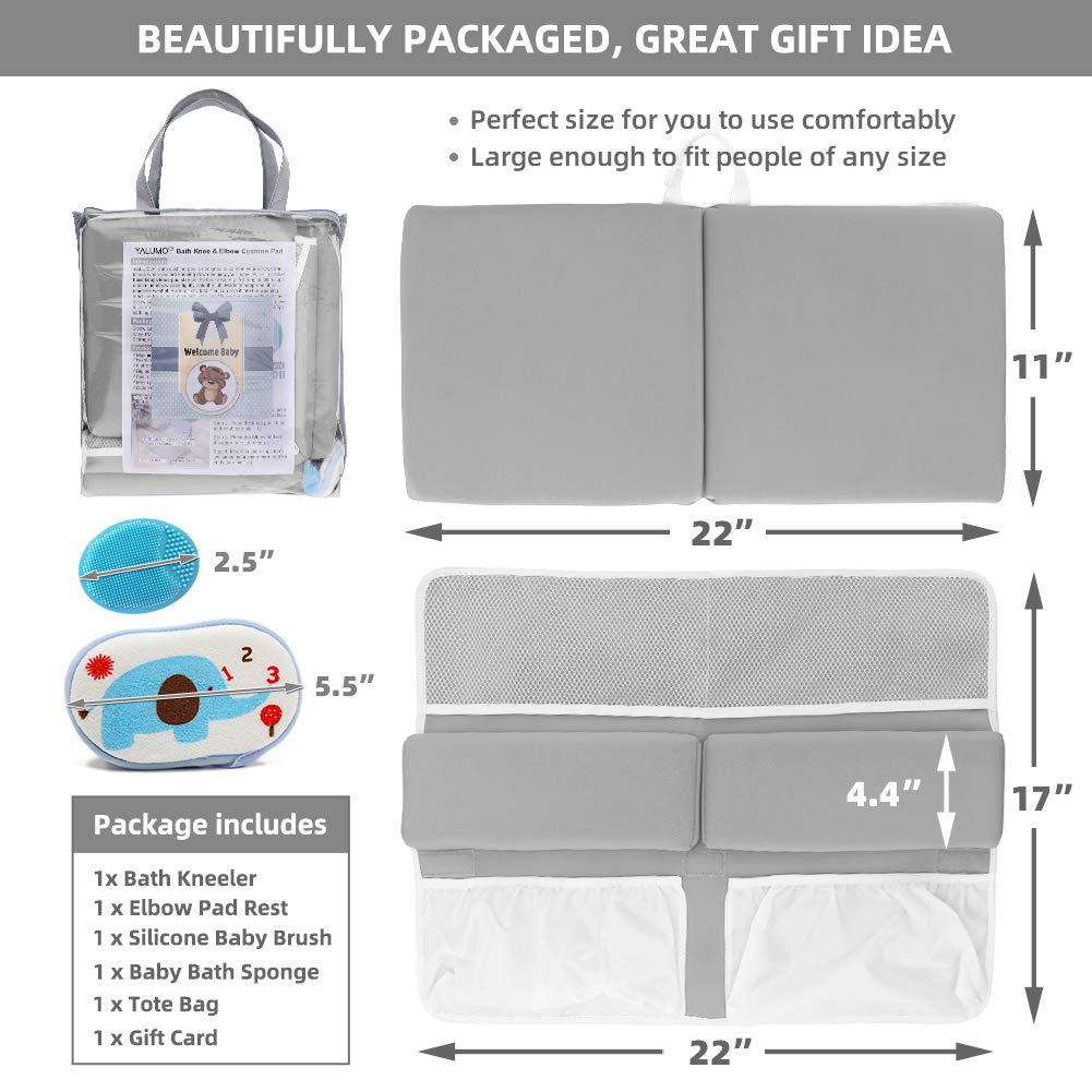 Bath Kneeler and Elbow Rest Pad Set for Baby Bathtub, Thick Non-Slip Bathing Kneeling Mat Cushion Quick Drying Bathtub Knee Saver with Arm Support and Pockets for Bathroom Bathing time Comfort, Gray