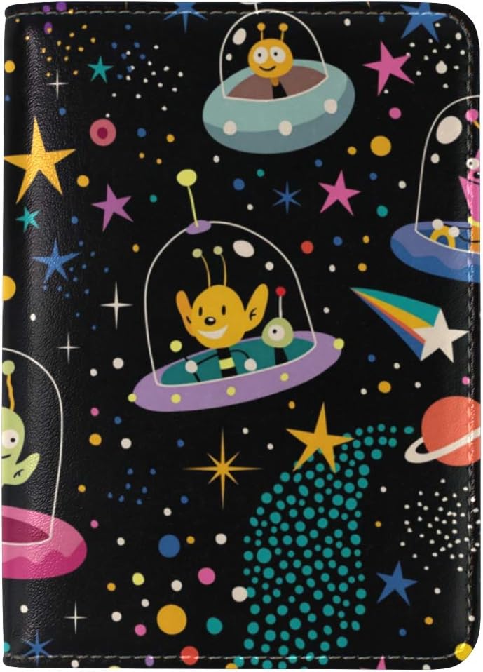 Alien Spaceship Leather Travel Passport Holder Travel Wallet Cover Case Card Wallet for women men
