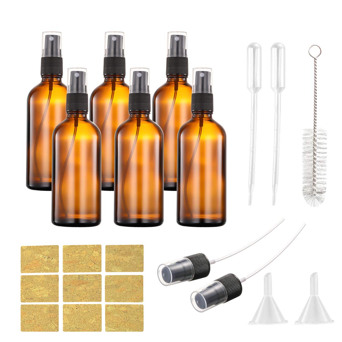Amber Glass Spray Bottles Set Empty Small Glass Spray Bottles Refillable Cosmetic Containers Fine Mist Sprayer 6 Pack for Essential Oils Cleaning Products Beauty Products or Aromatherapy-100ML 3.5oz