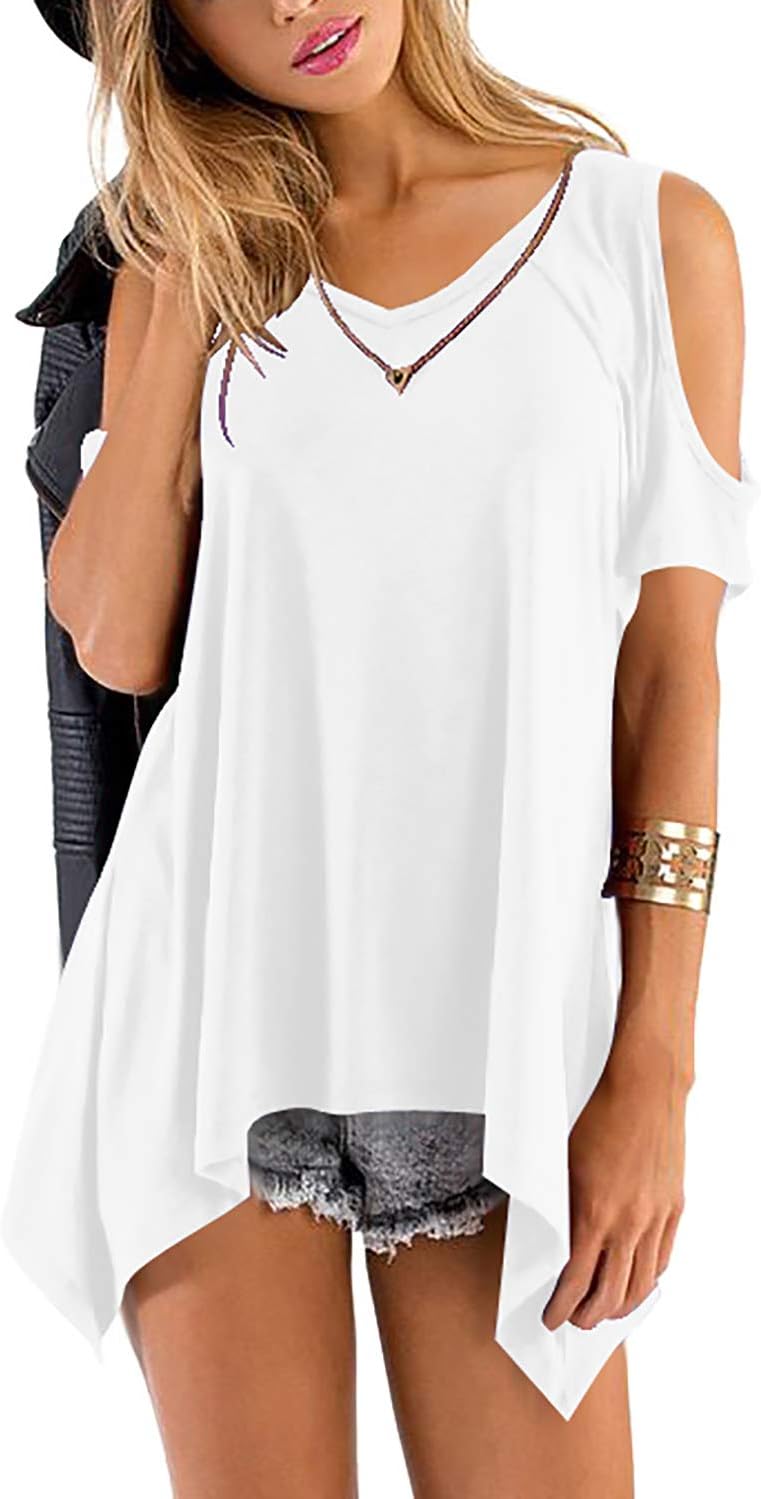 Womens Cold Shoulder Tops V Neck Short Sleeve Tee Shirts Summer Tunic