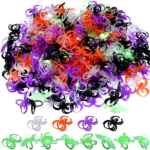 Hicarer 224 Pieces Halloween Spider Rings Plastic Glow Rings Bug Rings Assorted Spiders Bats Scorpions Skeletons Rings Creepy Crawly Party Favors Party Accessories