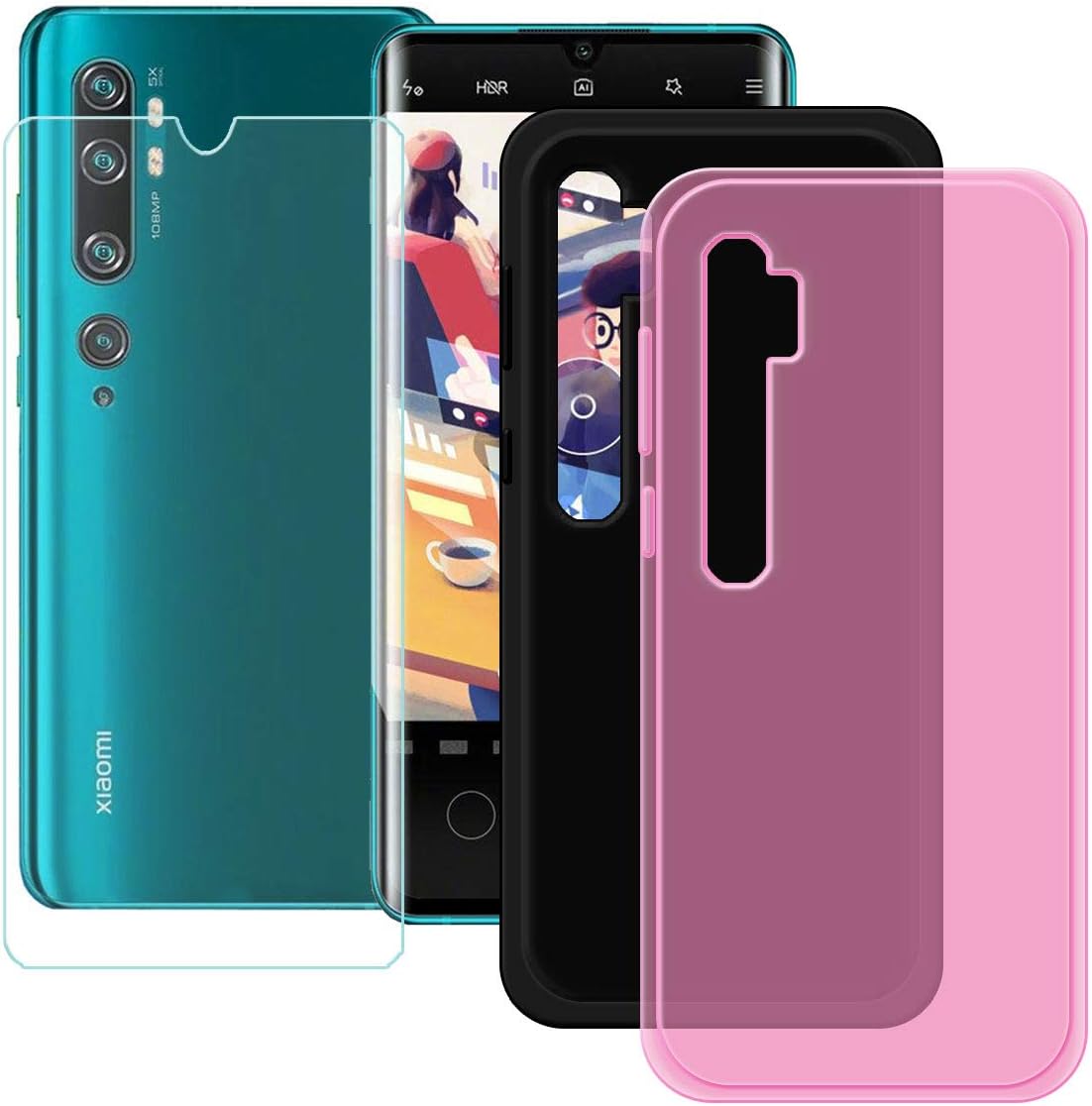 YZKJ 2 Pack Case for Xiaomi Mi Note 10 Pro Cover + Screen Protector Tempered Glass Protective Film - Flexible Soft Gel Pink + Black TPU Silicone Protection Case for (6.47")