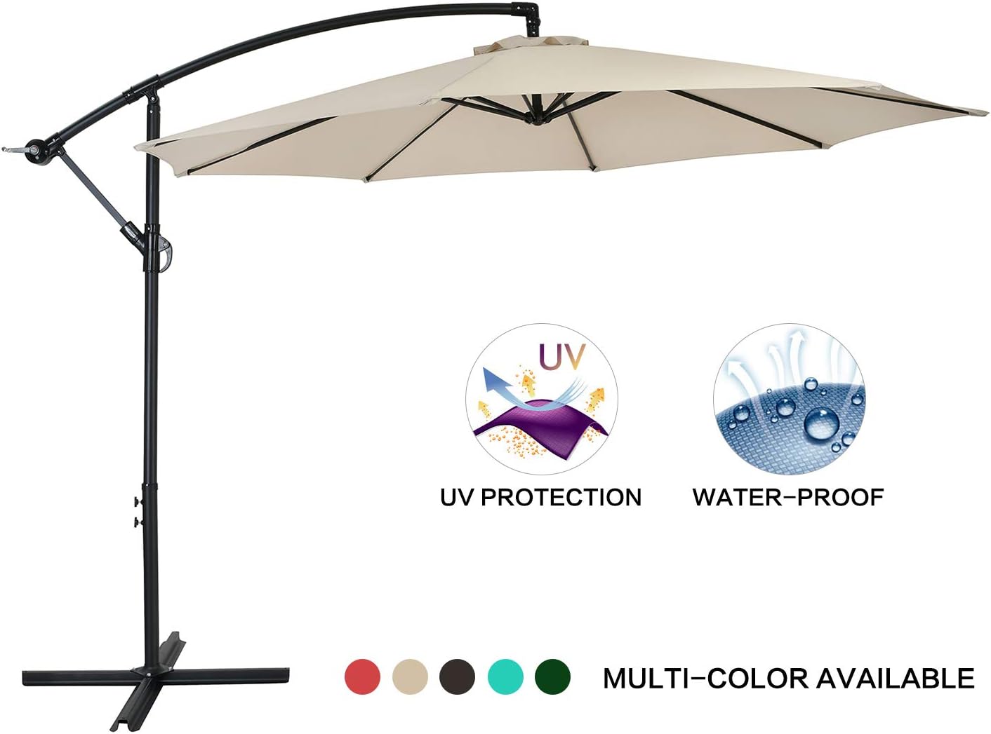 Beige Amtall 10ft Patio Offset Umbrella Cantilever Umbrella Outdoor Hanging Market Umbrella With Crank Cross Bases Patio Lawn Garden Patio Furniture Accessories