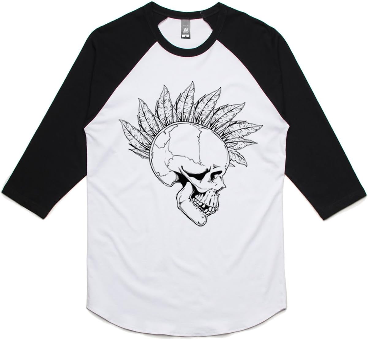 theIndie Feather Mohawk Skull (Black) 3/4-Sleeve Raglan Baseball T-Shirt