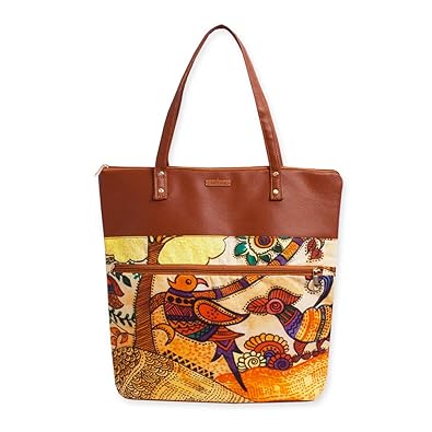 Crafthues Gond bird printed cotton and leather shoulder bag(Multi-color)
