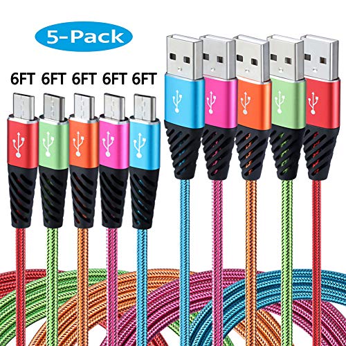 Bynccea Android Charger Cable Fast Charge,Nylon Braided Micro USB Cable 6FT 5-Pack Phone Charger Fast Charging Cord Compatible with Samsung Galaxy S6 S7 Edge J3 J7,LG,HTC,Motorola,Sony,Xbox One,PS4
