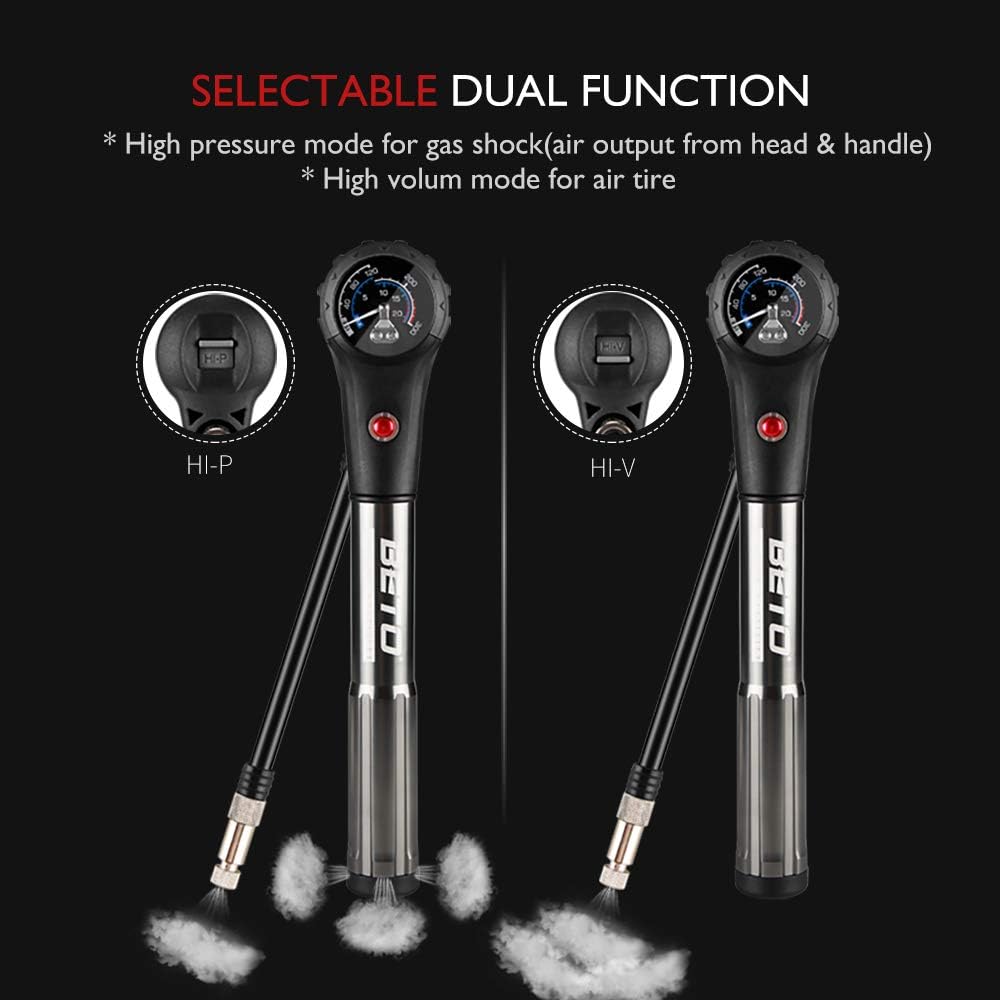 Beto Bike Tire/Shock Pump MTB, 300psi High Pressure for Rear Shock & Suspension Fork, Mountain Bike/Motorcycle, Schrader & Presta Valve Adapter, with Dial-Gauge/Bleed Valve/Mounting Bracket : Sports & Outdoors