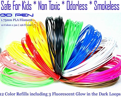 Bordy Creation 3D Pen Filament Refill PLA 1.75mm, 3 Glow in The Dark, 12 Colors x 16.40 ft (5 Meters) Each_Recommended for Kids_Super fair Pack_