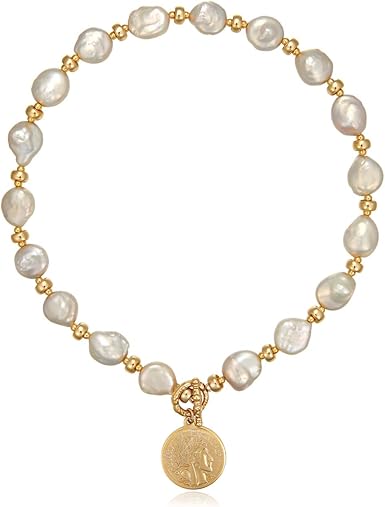 Amazon Com Pearl Necklace With Gold Coin Figure Pendant Irregular Pearls Choker For Women Man Jewelry Clothing