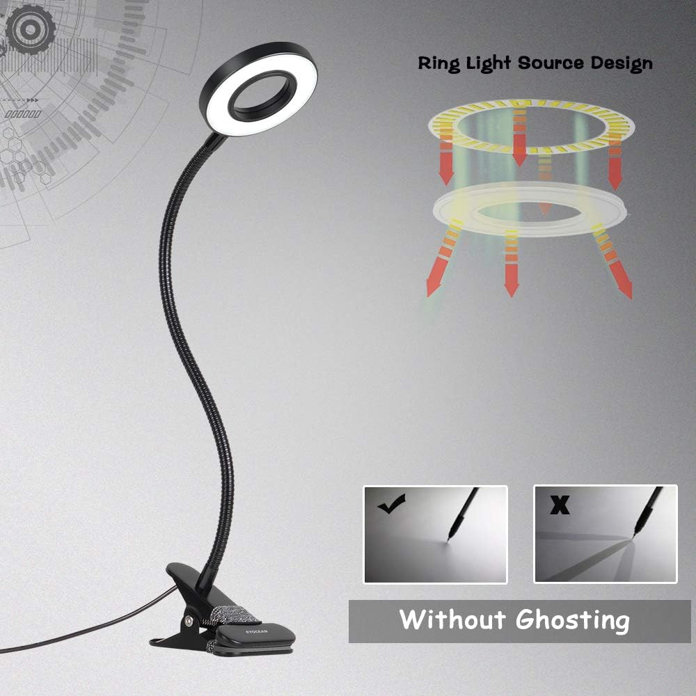 Clamp Desk Lamp, EYOCEAN Clip on Light Reading Lights with 3 Color Changeable, Flexible Night Light 3 Modes 9 Dimming Levels(Included AC Adapter) for Indoor, Black - - 