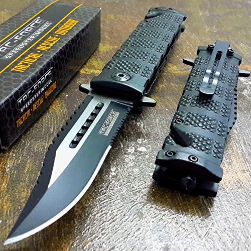 TAC Force Black Spring Assisted Open Sawback Bowie Tactical Rescue Pocket Knife