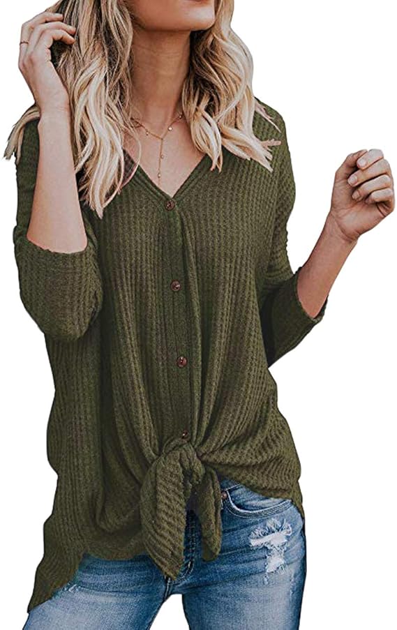Amazon.com: Eanklosco Tie Knot Tops Womens Waffle Knit V Neck Blouse Button Down Long Sleeve 